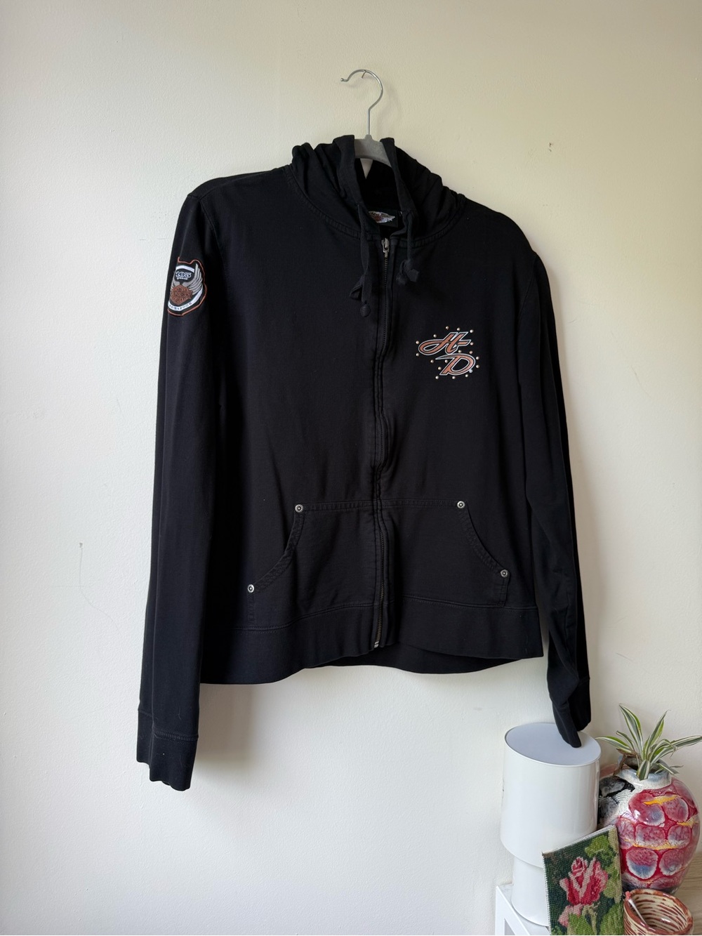 Vintage Harley Davidson Black Zip-Up Hoodie Jacket with Embroidered Patch 2008